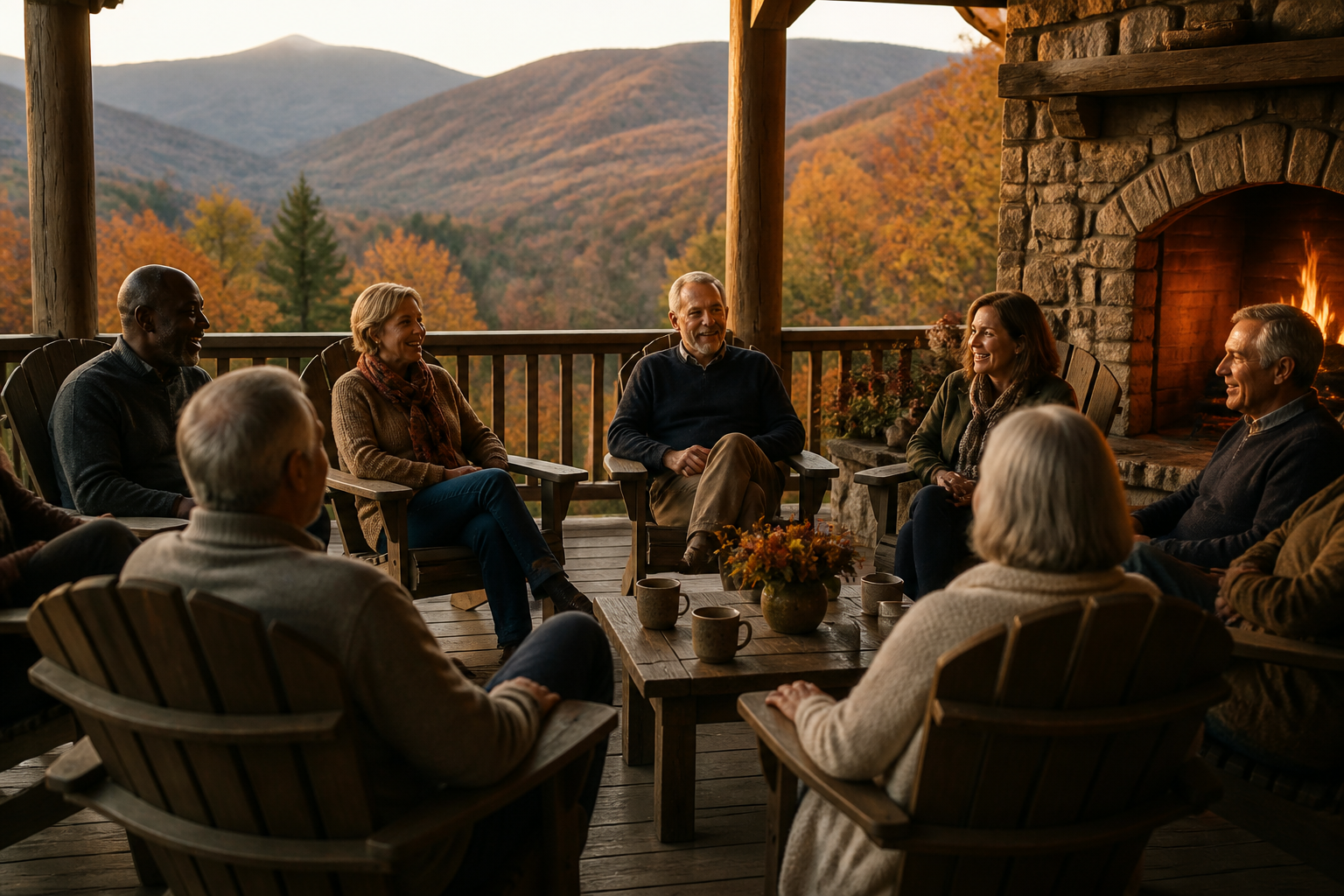 Executives in conversation on a mountain cabin porch